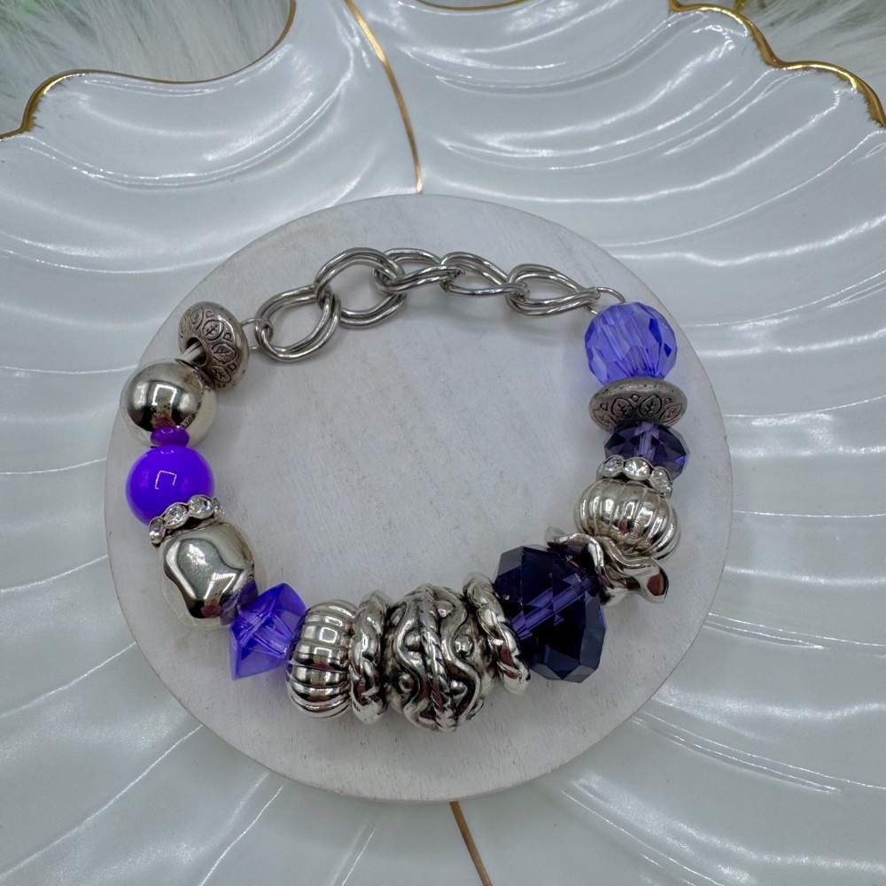 Purple Faux Crystal & Silver Charm Beaded Bracelet - Picture 3 of 3